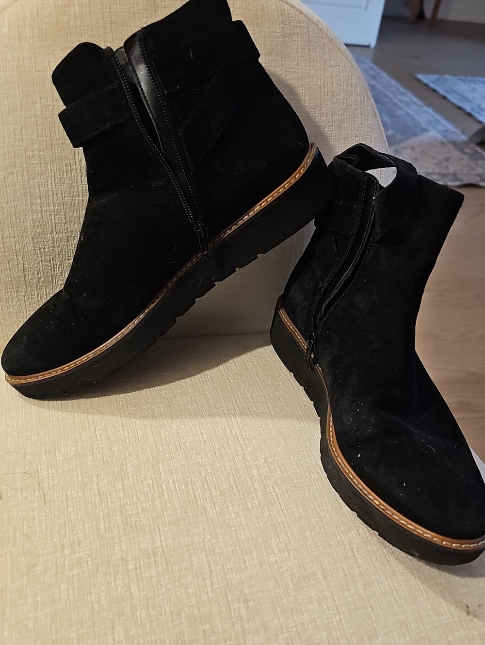 Naturalizer Black Suede Ankle Boots with Brown Trim